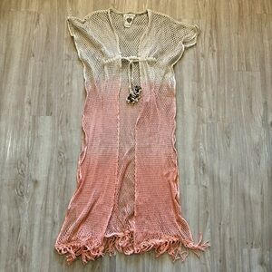 Z&L Europe Beach Ombré Beige Coral Crochet Boho Fringe‎ Cover Up Kimono Seashell